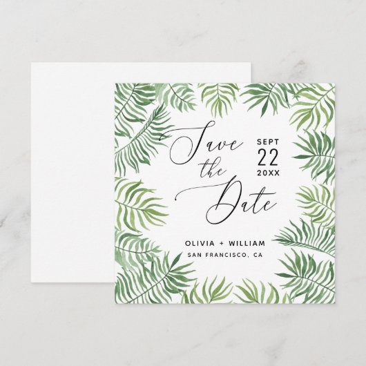 Waterverf tropische groen. Foliage palmbruiloft Save The Date (Voorkant / Achterkant)