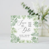 Waterverf tropische groen. Foliage palmbruiloft Save The Date (Staand voorkant)