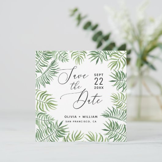 Waterverf tropische groen. Foliage palmbruiloft Save The Date (Staand voorkant)