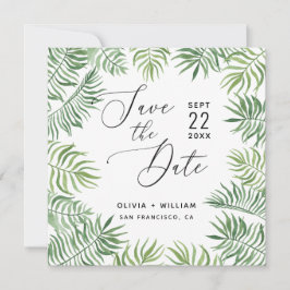 Waterverf tropische groen. Foliage palmbruiloft Save The Date