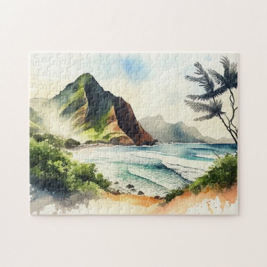 Waterverf tropische Hawaii. Natuur zeestrand Legpuzzel (Horizontaal)
