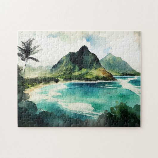 Waterverf tropische Hawaii. Natuur zeestrand Legpuzzel (Horizontaal)