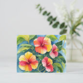 Waterverf Tropische Hawaii Roodgele Hibiscus Briefkaart (Staand voorkant)