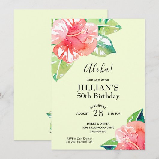 Waterverf Tropische Hibiscus Birthday Invites (Voorkant / Achterkant)