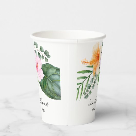 Waterverf Tropische Hibiscus en Bladgroen Papieren Bekers (Rechts)