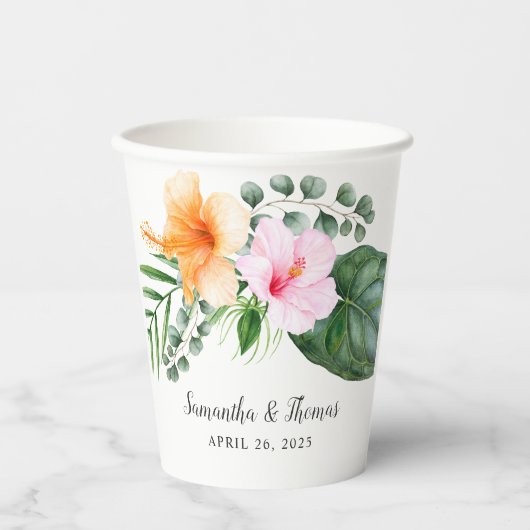 Waterverf Tropische Hibiscus en Bladgroen Papieren Bekers (Voorkant)