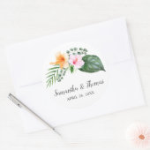 Waterverf Tropische Hibiscus en Bladgroen Ronde Sticker (Envelop)