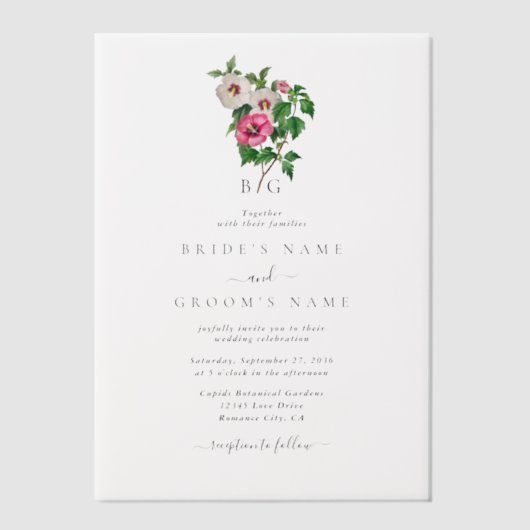 Waterverf Tropische Hibiscus Zomerbruiloft Vellum Uitnodigingen (Voorkant)