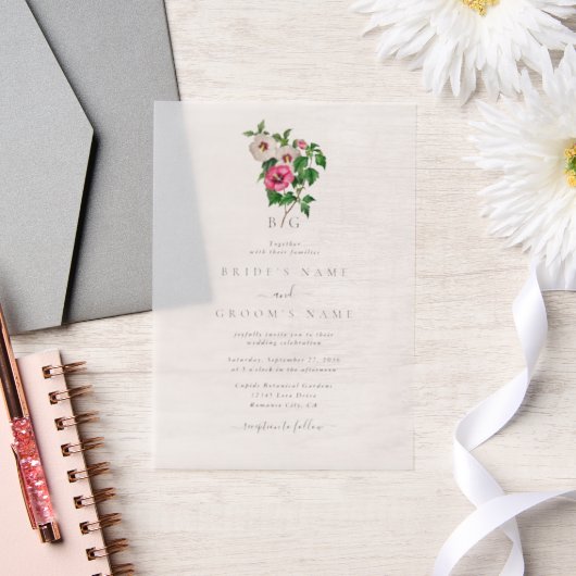 Waterverf Tropische Hibiscus Zomerbruiloft Vellum Uitnodigingen (Huwelijk)