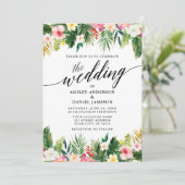Waterverf Tropische kalligrafie Wedding Pnk Kaart (Staand voorkant)