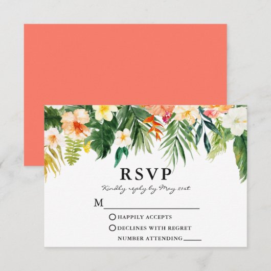 Waterverf tropische koraal RSVP kaartje (Voorkant / Achterkant)