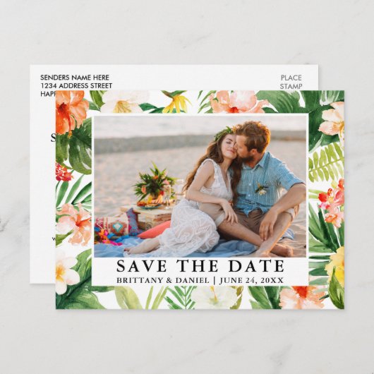 Waterverf Tropische koraalbloemen bewaren de datum Briefkaart (Voorkant / Achterkant)