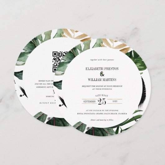 Waterverf Tropische leest QR Code Wedding Cirkel Kaart (Voorkant / Achterkant)