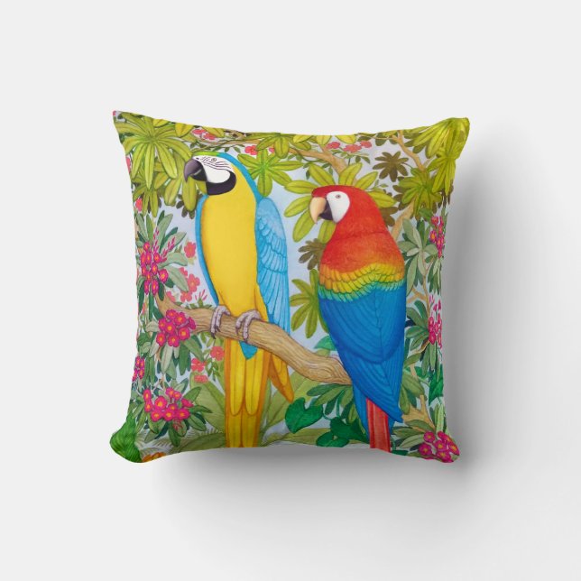 Waterverf Tropische Macaw Parrots Pillow Kussen (Voorkant)