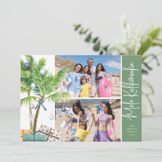 Waterverf Tropische Mele Kalikimaka 2 Foto Feestdagenkaart (Staand voorkant)