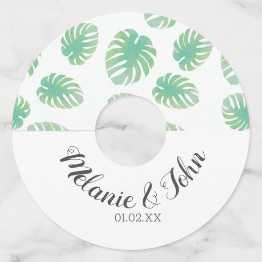 Waterverf Tropische Monstera Bladeren  - Naam Kopp Wijnglaslabel (Voorkant)