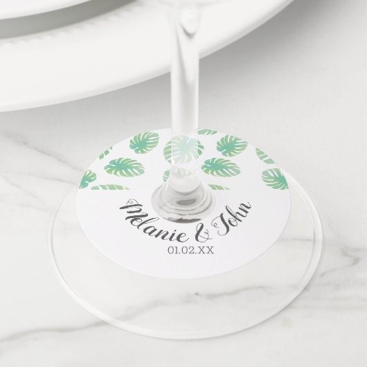 Waterverf Tropische Monstera Bladeren  - Naam Kopp Wijnglaslabel (Dichtbij)