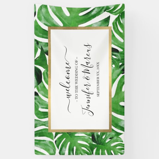 Waterverf Tropische Monstera laat patroongebeurten Spandoek (Verticaal)