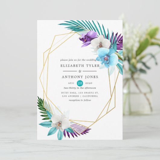 Waterverf Tropische orchideeën Geometrische bruilo Kaart (Staand voorkant)