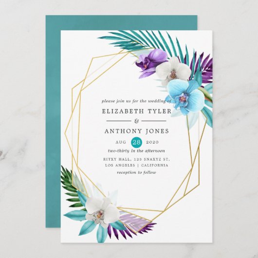 Waterverf Tropische orchideeën Geometrische bruilo Kaart (Voorkant / Achterkant)