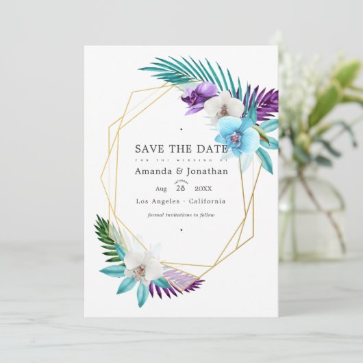 Waterverf Tropische Orchideeën Geometrische Bruilo Save The Date (Staand voorkant)