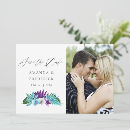 Waterverf Tropische Orchideeën Geometrische Trouwd Save The Date (Staand voorkant)