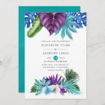 Waterverf Tropische orchideeën Peacock Wedding Kaart<br><div class="desc">Kleurrijke tropische bladeren en orchideeën bruiloft met een paardenveer en turquoise blue waterverf wash reverse.</div>