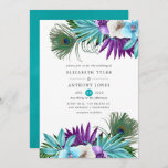 Waterverf Tropische orchideeën Peacock Wedding Kaart<br><div class="desc">Kleurrijke waterverf tropische bladeren en orchideeën bruiloft met peafowlveren en turquoise blue waterverf wash reverse.</div>