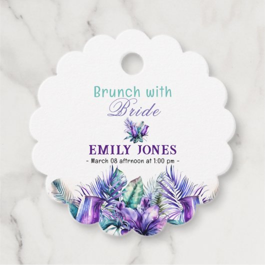 Waterverf tropische paarse bloemenbruidsbrunch bedankjes labels (Voorkant)