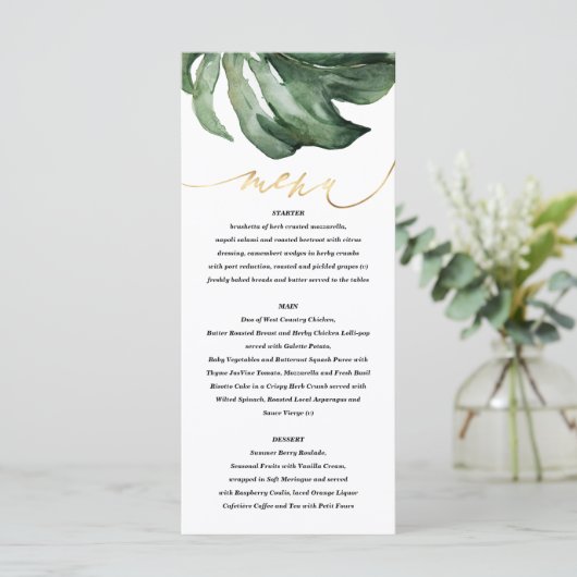Waterverf tropische palm + goudbruiloft menu (Staand voorkant)