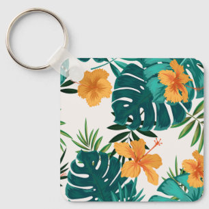 Waterverf tropische palm, Hawaiian Hibiskus Sleutelhanger