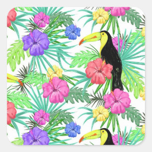 Waterverf tropische palm, Hawaiian Hibiskus Toucan Vierkante Sticker