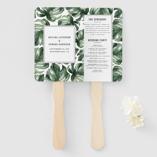 Waterverf tropische palmblad bruiloft hand fan handwaaier (Voorkant en achterkant)