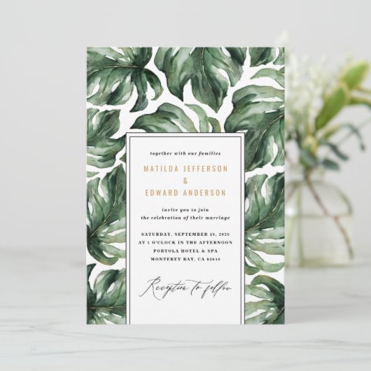 Waterverf tropische palmbladbruiloft aankondiging (Staand voorkant)