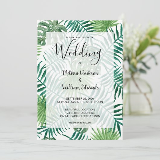 Waterverf tropische palmbladeren Beach bruiloft Save The Date (Staand voorkant)