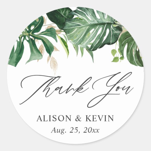 Waterverf tropische palmbladeren dank u ronde sticker (Voorkant)