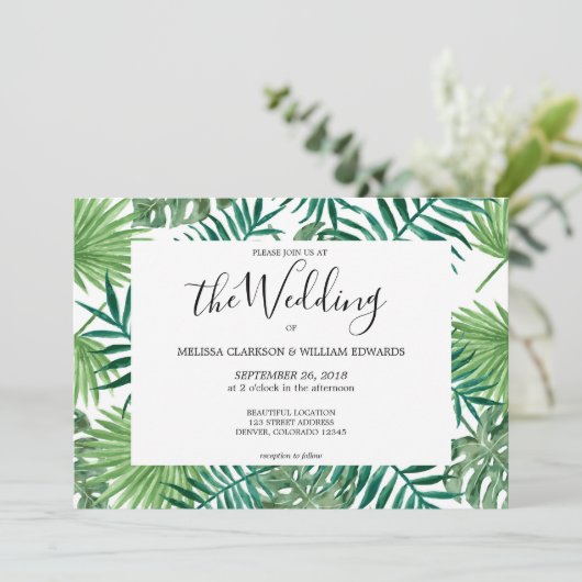 Waterverf tropische palmbladeren trouwuitnodiging save the date (Staand voorkant)