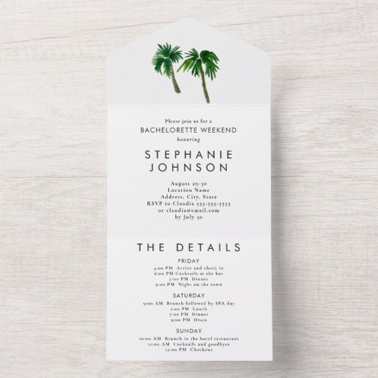 Waterverf Tropische palmbomen Bachelorette All In One Uitnodiging (Binnen)