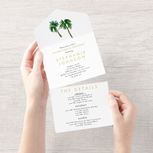 Waterverf Tropische palmbomen Bachelorette All In One Uitnodiging (Uittrekbaar)