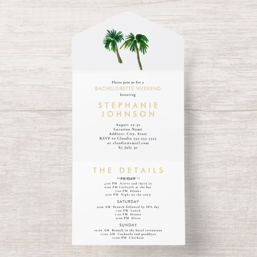 Waterverf Tropische palmbomen Bachelorette All In One Uitnodiging (Binnenkant)