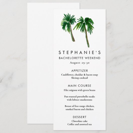 Waterverf Tropische palmbomen Bachelorette Menu (Voorkant / Achterkant)