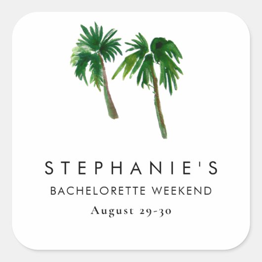 Waterverf Tropische palmbomen Bachelorette Vierkante Sticker (Voorkant)