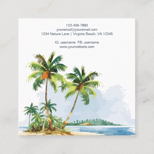 Waterverf tropische palmbomen strand vierkante visitekaartje (Achterkant)