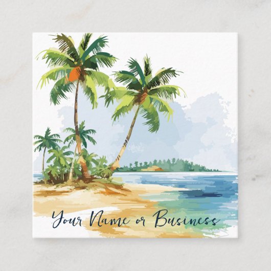 Waterverf tropische palmbomen strand vierkante visitekaartje (Voorkant)