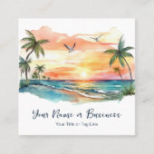 Waterverf tropische palmboom strand zonsondergang vierkante visitekaartje (Voorkant)