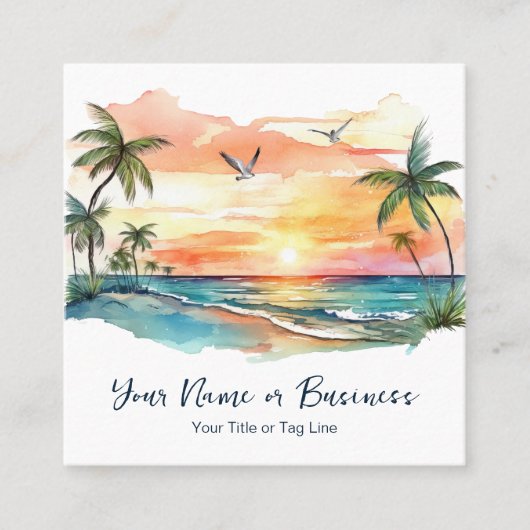 Waterverf tropische palmboom strand zonsondergang vierkante visitekaartje (Voorkant)