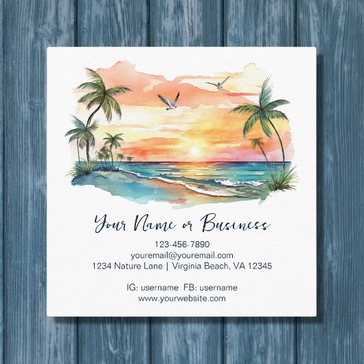 Waterverf tropische palmboom strand zonsondergang vierkante visitekaartje