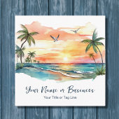 Waterverf tropische palmboom strand zonsondergang vierkante visitekaartje