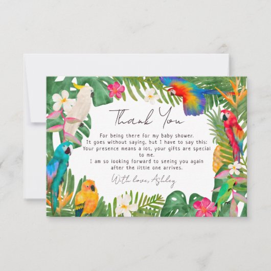 Waterverf tropische parrots baby shower bedankkaart (Voorkant)