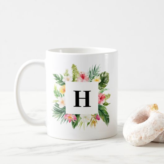 Waterverf Tropische Planten Lijst Monogram Koffiemok (Met donut)